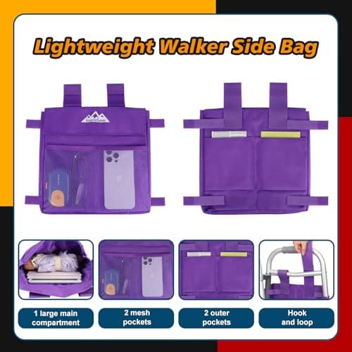 supregear Walker Side Bag, Multi Pocket Storage Pouch for Folding Walker, Water Resistant Lightweight Hand Free Carrier Tote, Universal Size Seniors Caddy Attachment - Thumbnail 4