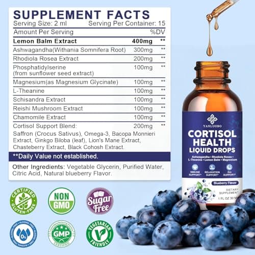 Cortisol Supplements for Women - Cortisol Manager Liquid Drops with Magnesium, Ashwagandha & Rhodiola rosea, L-theanine - Promotes Relaxation & Better Sleep, Mood, Blueberry Flavors, 1FL.OZ(2PC) - Thumbnail 2