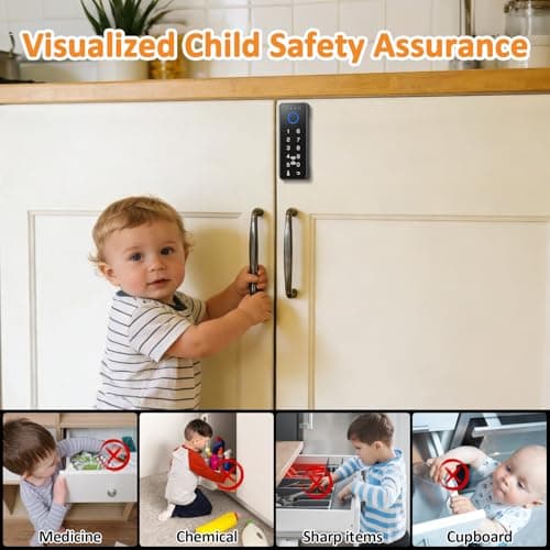 Bestkid Childproof Smart Cabinet Lock with Fingerprint and Passcode, Liquor File Cupboard Drawer Lock RFID NFC APP Control Black Vertical - Thumbnail 2