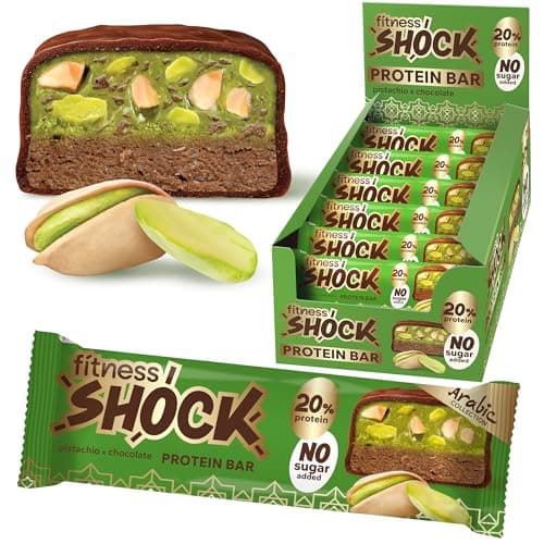 Fitness SHOCK Pistachio Chocolate Protein Bars - No Added Sugar, Low Calorie Low Carb Snack - 10g Protein, 0g Added Sugar, 180 Kcal, 15g Net Carbs, 8g Fat - 12 x 50g