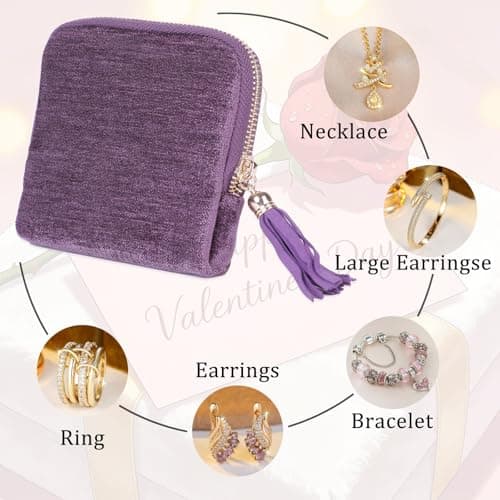 ASINGYER Travel Jewelry Storage Bag for Women, Velvet Portable Jewelry Organizer with Tassel Zipper, Small Pouches for Bracelets Necklaces Rings Earrings, Wedding Gift for Women (purple) - Thumbnail 4