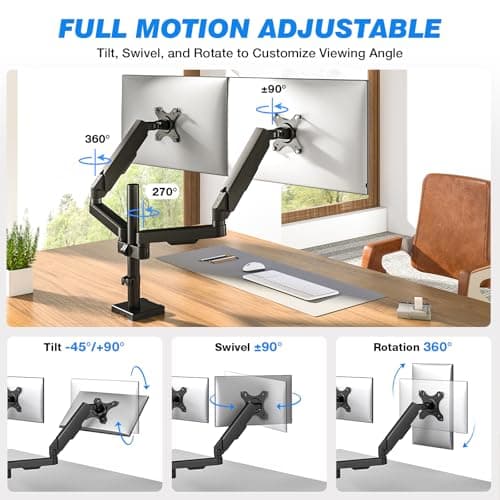 Premium Dual Monitor Desk Mount Stand for 17"-34" Screens, Taller Monitor Stand Hold up to 22lbs, Full Motion Height & Angle Adjustable with Tilt, Swivel, Rotation, VESA 75/100mm - Thumbnail 2