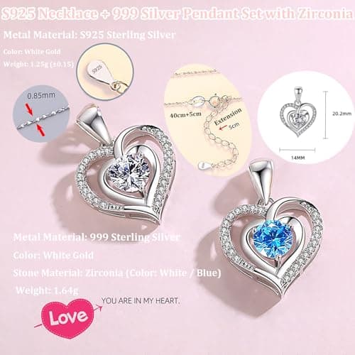 Weijimir S925 Silver Necklace Heart-shaped Pendant with Blue Zirconia, Surprise Flip Little Bear Cake Rotating Jewelry Ring Box for Proposal, Engagement Wedding Birthday (White Ring Box + Necklace) - Thumbnail 4