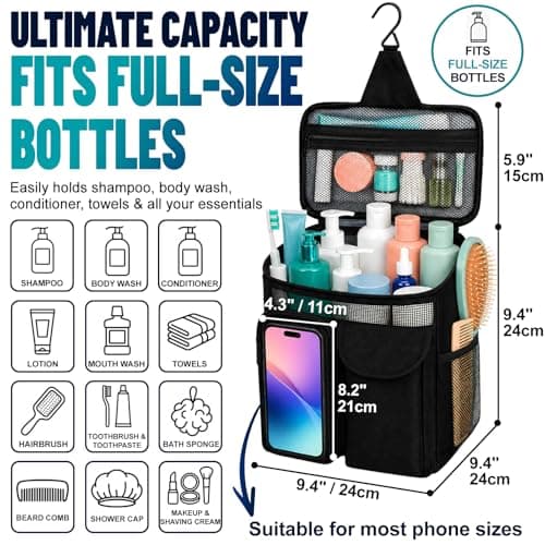 Dorm Room Essentials for Guys Girls, Mesh Shower Caddy Portable, Large Capacity Toiletry Shower Bag with Hanging Hook for Full-Sized Bottles, Multi-Pocket Organizer for College Gym Camping Travel - Thumbnail 3
