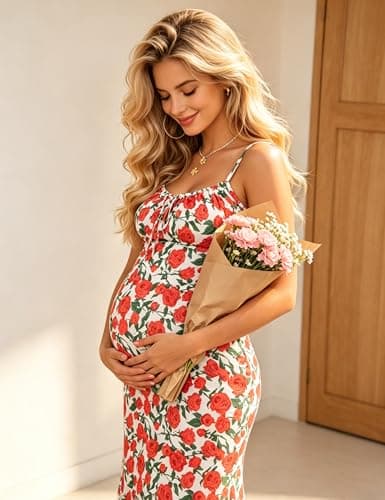 Yissang Maternity Dress Floral Print Spaghetti Strap Ruched Mermaid Maxi Dress for Baby Shower Casual Daily Wear - Thumbnail 4