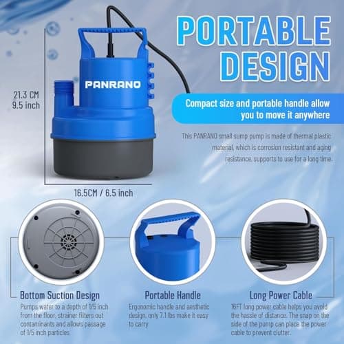 PANRANO 1/2 HP Submersible Water Pump 2900 GPH Portable Small Sump Pump For Pool Cover, Basements, Puddles, Gardens Ponds With 16.4 Ft Power Cord and Hose Adapters, Sky Blue - Thumbnail 4
