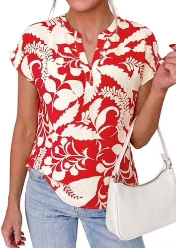 PRETTYGARDEN Womens Floral Print Short Sleeve Summer Tops 2026 Trendy V Neck Loose Boho Shirts Casual Work Blouses (Red,Medium) - Image 1