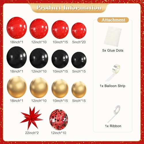 Red and Black Gold Balloon Garland Arch Kit, 140Pcs Red Black Metallic Gold Confetti Balloons With Stars for Birthday Wedding Birdal Shower Anniversary Graduation Casino Party Decorations - Thumbnail 4