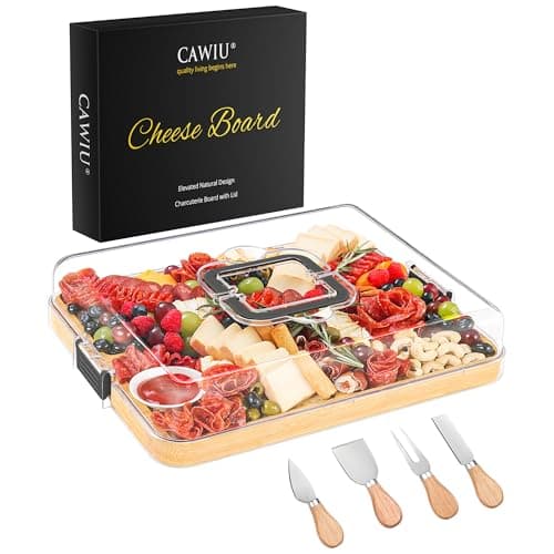 CAWIU Portable Travel Charcuterie Board with Lid and Handle - Large Bamboo Cheese Board with 4 Cheese Knife Set for Outdoor, Picnics - Weddings, House Warming Gift for Women (6 Compartments, Black)