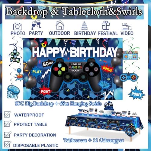 Video Game Party Decorations Set – 75Pcs Gamer Birthday Supplies with Gaming Backdrop, Hanging Swirls, Table Cover, Controller Foil Balloons，Cake Toppers for Game Night, Room Decor - Thumbnail 4