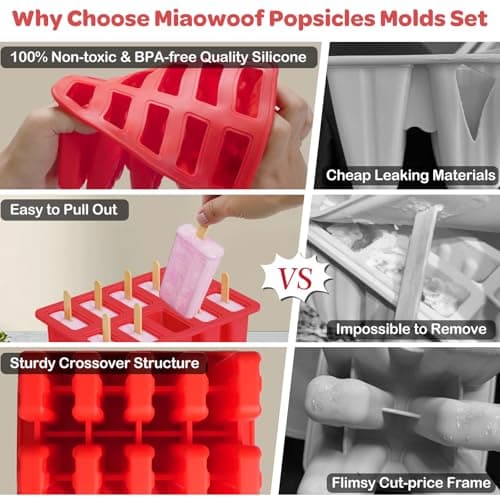 Miaowoof Homemade Popsicle Molds, 10-Cav Non-BPA Silicone Ice Pop Maker, with 50 Sticks, 50 Bags, 10 Reusable Sticks, Funnel, Brush and Ice Pop Recipe (Red+Bin) - Thumbnail 4