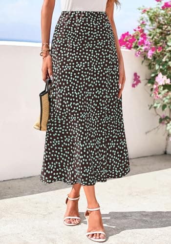 BTFBM Satin Skirts for Women 2025 Fall High Waisted A-Line Leopard Print Cocktail Wedding Long Silk Summer Midi Skirt(Dot Coffee Green, Medium) - Thumbnail 5