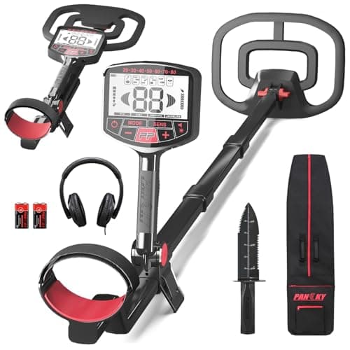PANCKY High Accuracy Metal Detector for Adults – Collapsible, Lightweight & IP68 Waterproof Search Coil with 10.55” Large Coil, 5 Modes & Backlit LCD, Gold & Relic Detector Kit, PK1098 (Red)