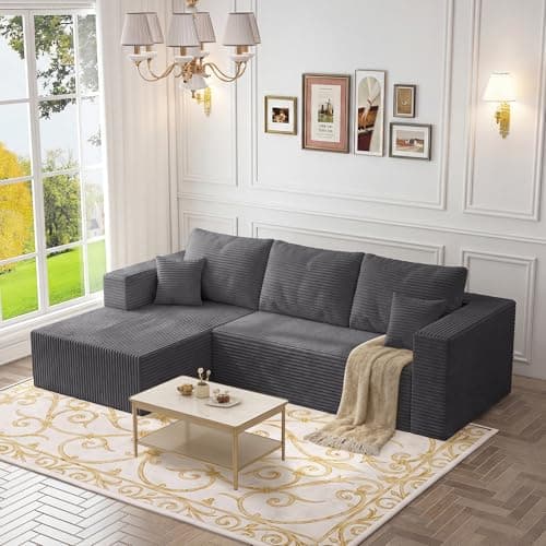 108" Modular Sectional Sofa, L-Shaped Cloud Couch with Deep Seats & Chaise, Convertible Corduroy Boneless Couches for Living Room, Bedroom, No-Assembly - Dark Grey
