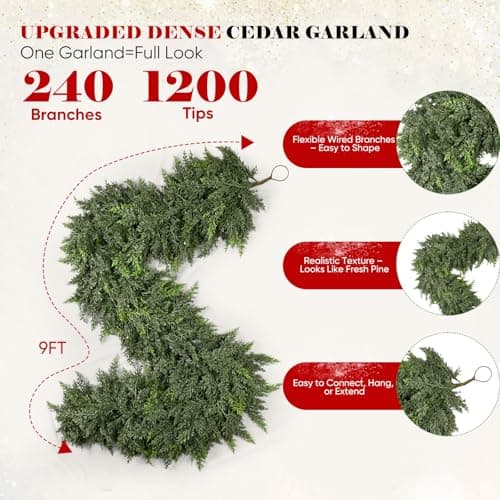 9FT Thick Christmas Garland with 240 Cedar Branches, Real Touch Green Cedar Garland for Christmas Decorations, Artificial Greenery Garland for Table, Mantle, Wall, Indoor, Outdoor Holiday Decor - Thumbnail 2