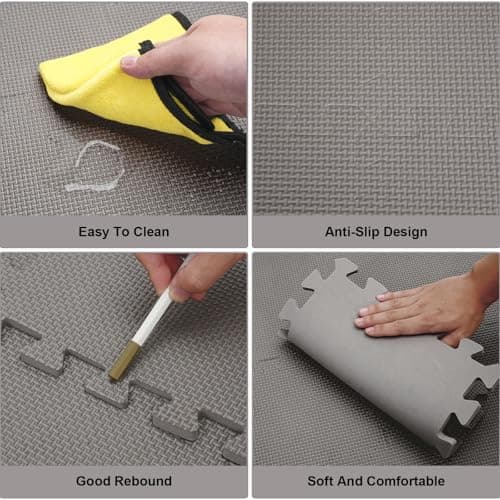 Puzzle Play Mat 48 Tiles with 96 Border Pieces, Interlocking Stitching Mat with Border for Living Room Playroom Gym, 11.8 x 11.8 Inch Grey - Thumbnail 5