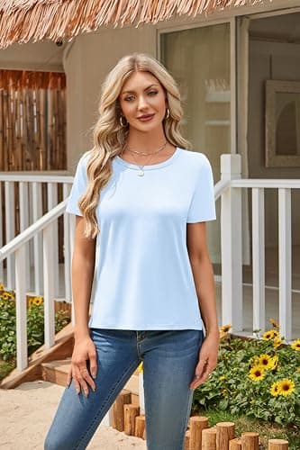 Herou Summer Women Casual Short Sleeve Tops T-Shirts Tees with Side Split Purple Blue Large - Thumbnail 2