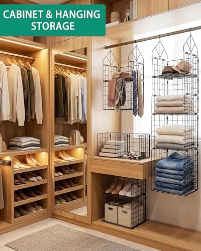 VewePata 5 Tier Closet Hanging Organizers and Storage - 3 + 2 Tier Metal Storage Shelves with 2 Hooks for Storing Clothes, Jumpers, Socks, Handbags, Suitable for Wardrobes, Kitchens and Laundry Rooms - Thumbnail 2