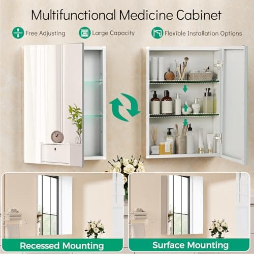 BROBIG 20 x 26 Medicine Cabinet Mirror, Moisture-Proof Aluminum Bathroom Medicine Cabinet with Mirror, Bathroom Mirror Cabinet with Adjustable Shelves, DTC Hinges, Recessed/Surface-Mounted - Thumbnail 6