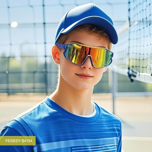 FEISEDY Unisex Youth Sunglasses, Teens Baseball Tennis Sunglasses, UV400 Sports Boys Girls Cycling Shades B4064 (Blue Yellow Frame/Red Mirror) - Thumbnail 4