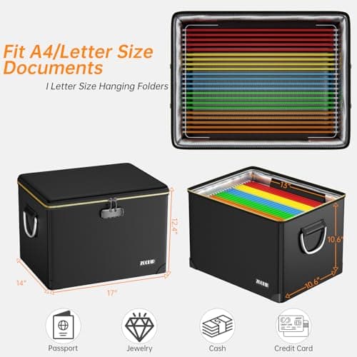 ZOOPIP Fireproof Document Box,Hard Case File Organizer with Fireproof Zipper&Threads,Non-Foldable Filing Cabinet with Lock, Portable Office Safe Box Storage for Hanging Letter Folder,Valuables,Black - Thumbnail 5