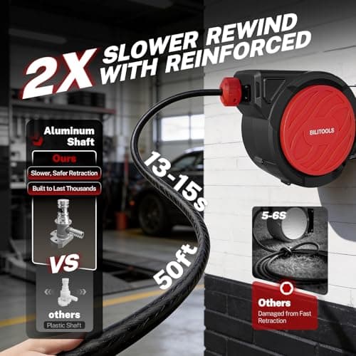 BILITOOLS Retractable Air Hose Reel, 1/2" x 50 ft High Flow Hybrid Air Hose Max 300PSI, Enclosed Air Compressor Hose Reel with Smooth Auto Rewind & 5 ft Lead-In Hose, 180° Swivel Wall/Ceiling Mount - Thumbnail 2