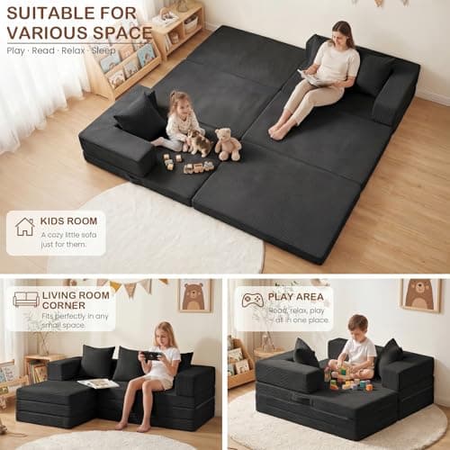 Ziydily Boneless Couches for Living Room, L Shaped Couch with Chaise, 4-in-1 Comfy Corduroy Fluffy Sofas, Flexible Module Combination Compact Room Couch, No Assembly, Black - Thumbnail 4