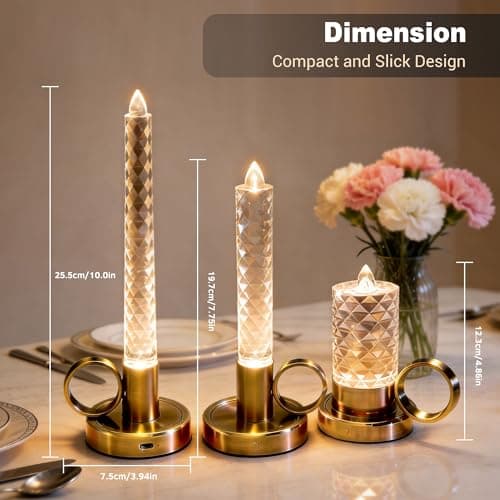 JandCase Flameless Candles Set, Rechargeable Pillar Candles Battery Operated, LED Acrylic Crystal Tapered Candle, 0.4W Dimmable Small Cordless Table Lamp for Valentines Wedding Centerpiece Decorations - Thumbnail 5