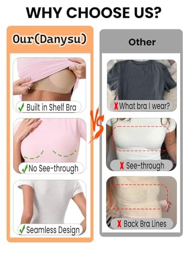 Danysu Short Sleeve Tops for Women with Built in Bra Cotton Jersey Crop Shirts Slim Fit Basic Gym Workout Tee Light Violet Small - Thumbnail 4