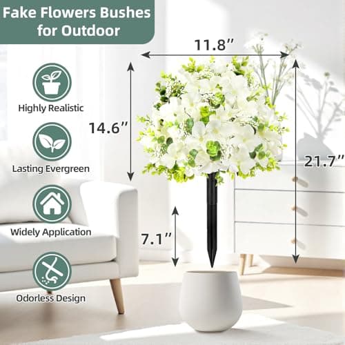2 Pack Artificial Flowers Topiary Ball Tree, 21.7" Fake Plants with Ground Spike, UV-Resistant Faux Boxwood Shrub, Realistic Evergreen Bushes for Indoor/Outdoor Front Porch & Garden Decor (White) - Thumbnail 2