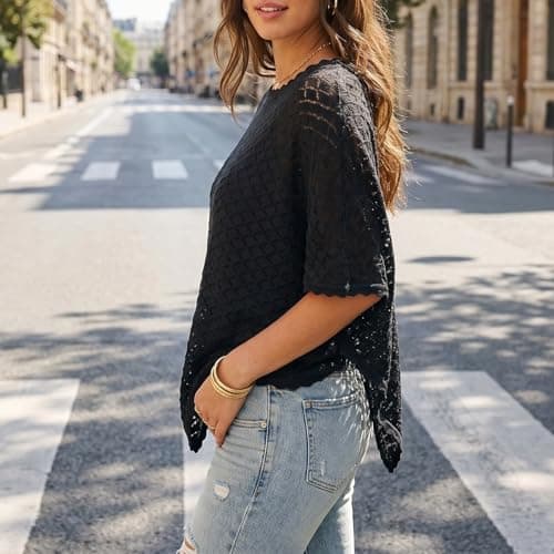 Ainangua Womens Summer Sweater Crochet Batwing Sleeve Scalloped Trim Poncho Tops Off Shoulder Hollow Out Shawl Wraps Coverup(Black,M) - Thumbnail 3