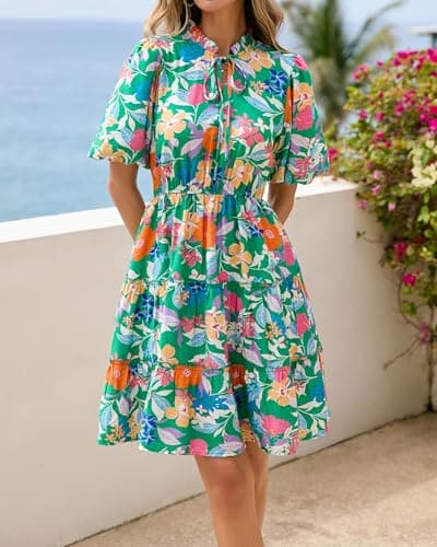 BTFBM Women Summer Floral Short Dresses V Neck Short Sleeve Tiered Ruffle Boho Swing Dress A-Line Mini Dresses(Floral Green Orange,Small) - Thumbnail 2