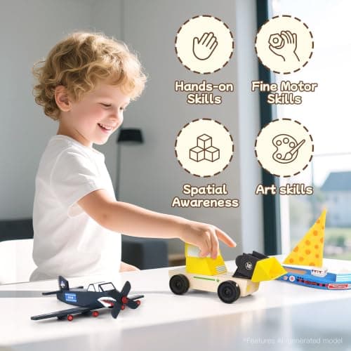 Wooden Build Paint Art Crafts Kit 3 Pack, Make Your Own Car Boat & Plane DIY Craft Toys for Kids Boys, STEM Educational Toy Set for Kids Ages 4-8, 8-12 - Thumbnail 6