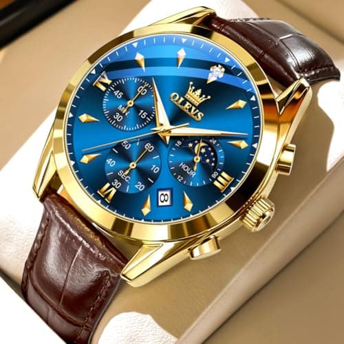 OLEVS Gold Watches for Men Brown Leather Mens Watches Dress Big Face Blue Mens Wrist Watch Luxury Chronograph Analog Quartz Waterproof Luminous Date Moon Phase Diamond Vintage Relojes para Hombres - Thumbnail 3