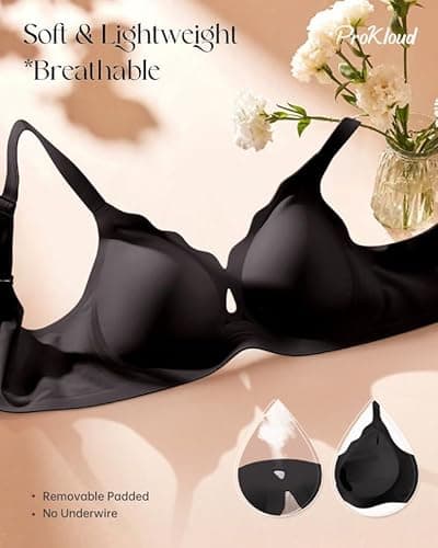ProKloud Wireless Bras for Women Wave Push Up No Underwire Bralettes Seamless Full Coverage Support Lift Everyday Bra Black - Thumbnail 6