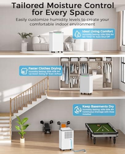 HOPSEN 34 Pints/Day Dehumidifier for Basement, 2500 Sq. Ft Dehumidifiers for Home with Drain Hose, 38dB Quiet Dehumidifier for Bedroom Bathroom, 24HR Timer, 3-Color Indicator, Auto Defrost, Child Lock - Thumbnail 3