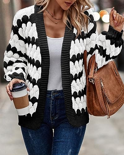 KIRUNDO Women's Cardigans 2026 Fall Trendy Open Front Chunky Color Block Lantern Sleeve Cute Striped Cable Knit Winter Sweater Coat Fashion Clothes(White, Large) - Thumbnail 6