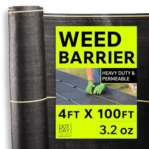 Weed Barrier Fabric Heavy Duty 4ft x 100ft, 3.2 oz Woven Landscape Fabric for Gardens, Raised Beds & Landscaping, UV-Stabilized Permeable Ground Cover with Yellow Planting Guides, Black, DOTDAY Shield