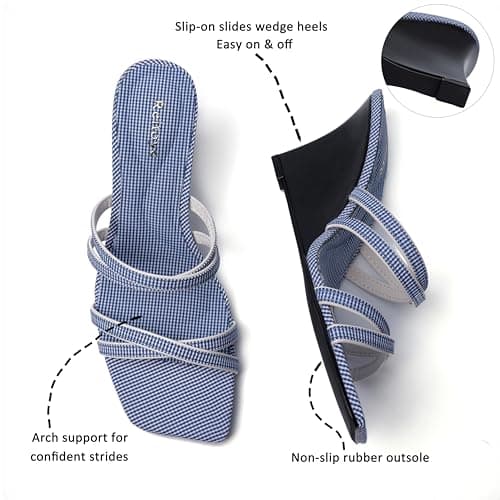 Reitoye Women's Wedge Blue Fabric Sandals Square Open Toe Slides Wedge Sandals Heels Slip On Wedge Heeled Sandals Shoes Size 9 - Thumbnail 4
