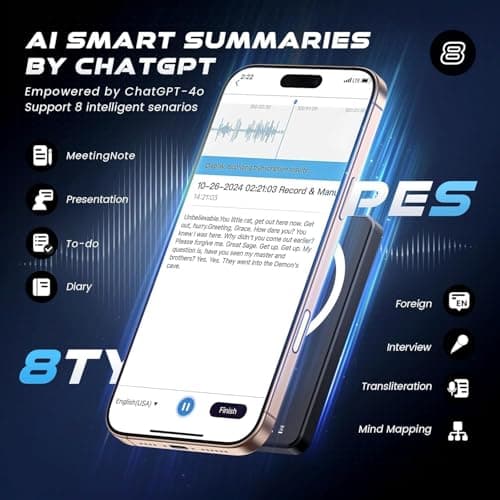 Bantropolis AI Voice Recorder 64GB, Intelligent Transcription and summarization, Supports 107 Languages, with 3000mAh Magnetic Charging, Suitable for Meetings, lectures, Calls and interviews - Thumbnail 3
