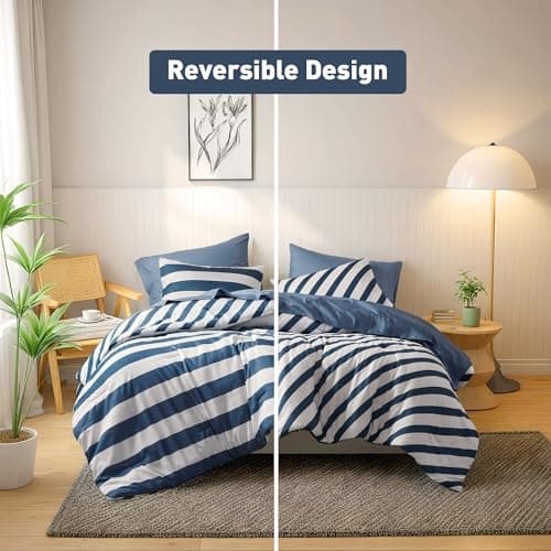Reversible Striped Full Comforter Set-Bed in A Bag 7-Pieces Bedding Set with Double-sided Stripes Design-Warm & Cozy Bed Set Includes Full Size Comforter, Sheets Set, Pillowcases and Shams, Navy - Thumbnail 5