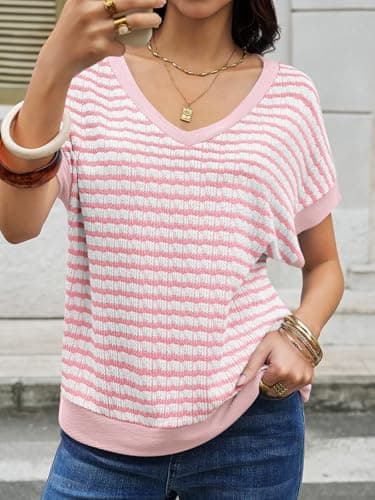 Tankaneo Womens Oversized V Neck Striped Sweaters Cap Short Sleeve Color Block Pullover Tops Trendy Casual Knit Shirts Light Pink - Thumbnail 2