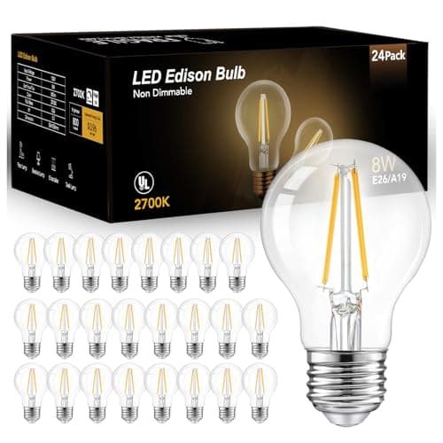 dalattin A19 Vintage LED Edison Bulbs, 60W Equivalent Light Bulbs, 2700K Soft White, Clear Glass Filament Bulb, Efficient 8W, E26 Base, 800 LM, CRI80+, Non-Dimmable for Home, Farmhouse, 24 Pack