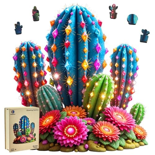 Wooden Puzzles for Adults, Glowing Cactus Flower Wooden Jigsaw Puzzle 200 Pieces, Unique Shaped Wooden Puzzle, Creative Gift for Mom Friends Kids Family Game Night Home Decor 10.2 * 11in - Image 1
