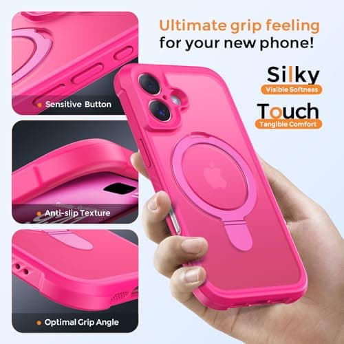 MOCCA Design for iPhone 16 Case with Magnetic Invisible Stand [Full Camera Protection] [Compatible with Magsafe] Military Drop Shockproof Translucent Matte Phone Case Cover 6.1",Hot Pink - Thumbnail 6