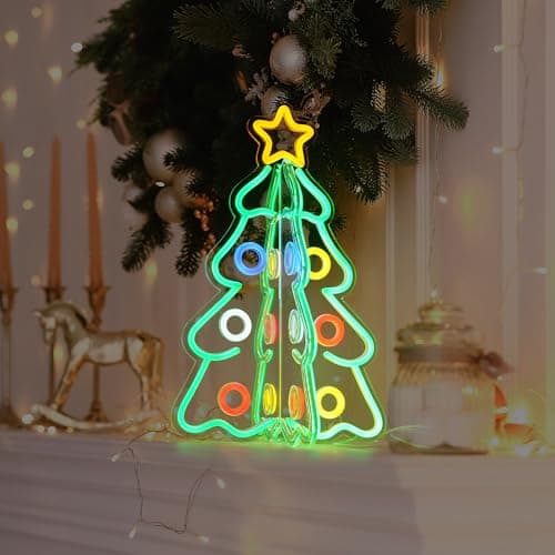 Lumavere Tabletop Christmas Tree, 15.7in Clear Acrylic Desk Decor with Star Topper & Neon Outline, Colorful Ring Lighted Sign for Apartment Room Decoration on Coffee Tables, Desks, and Nightstands - Thumbnail 4