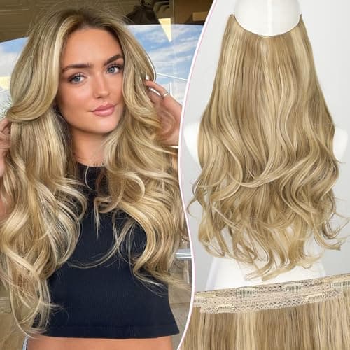 Invisible Wire Hair Extensions with Transparent Wire Adjustable Size 4 Secure Clips Long Wavy Secret Hairpiece 20 Inch for Women(Light Brown mix Golden Blonde)
