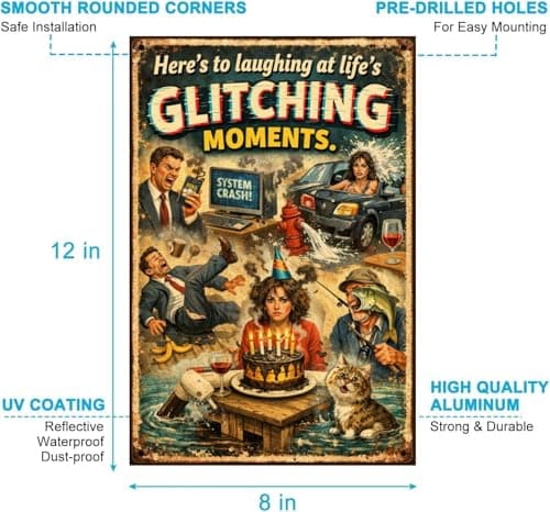 Here's To Laughing At Life's Glitching Moments Metal Tin Sign Funny Retro Humor Poster System Crash Birthday Cake Cat Coffee Disaster 8x12 Inch Iron Art Plaque - Thumbnail 6