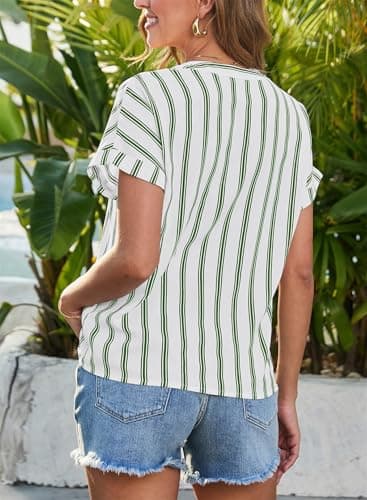 Dokotoo Womens Shirts Short Sleeve V Neck Button Tops for Women Trendy Lightweight Striped Color Block Business Casual Tops for Women 2026 Blouses Green Medium - Thumbnail 3