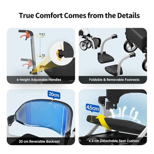PilotMobi 2-in-1 Walker and Transport Wheelchair Combo, Lightweight Foldable Mobility Rollator Chair for Seniors, Pre-Assembled 17 lbs Travel Chair with 8" All-Terrain Wheels, Support 300 lbs - Thumbnail 5